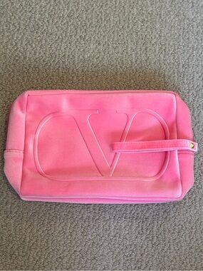Valentino Pink Suede Embossed V Logo Cosmetic Pouch